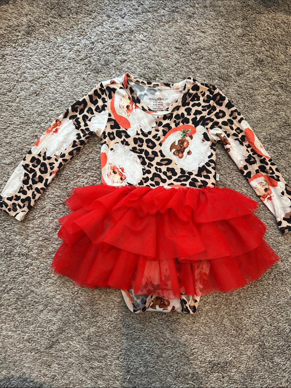 Posh Peanut 6-12mo Leopard Santa Tulle Bodysuit Twirl